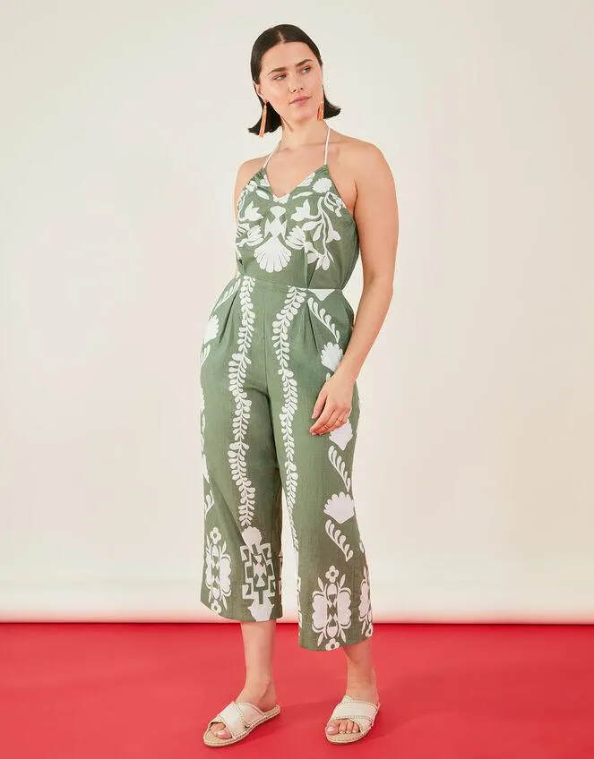 Ornamental Print Halter Jumpsuit Green