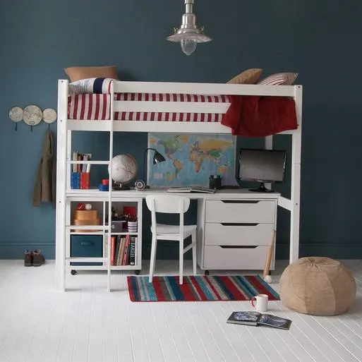 Beech High Sleeper Loft Bed with Full Length Desk and Storage