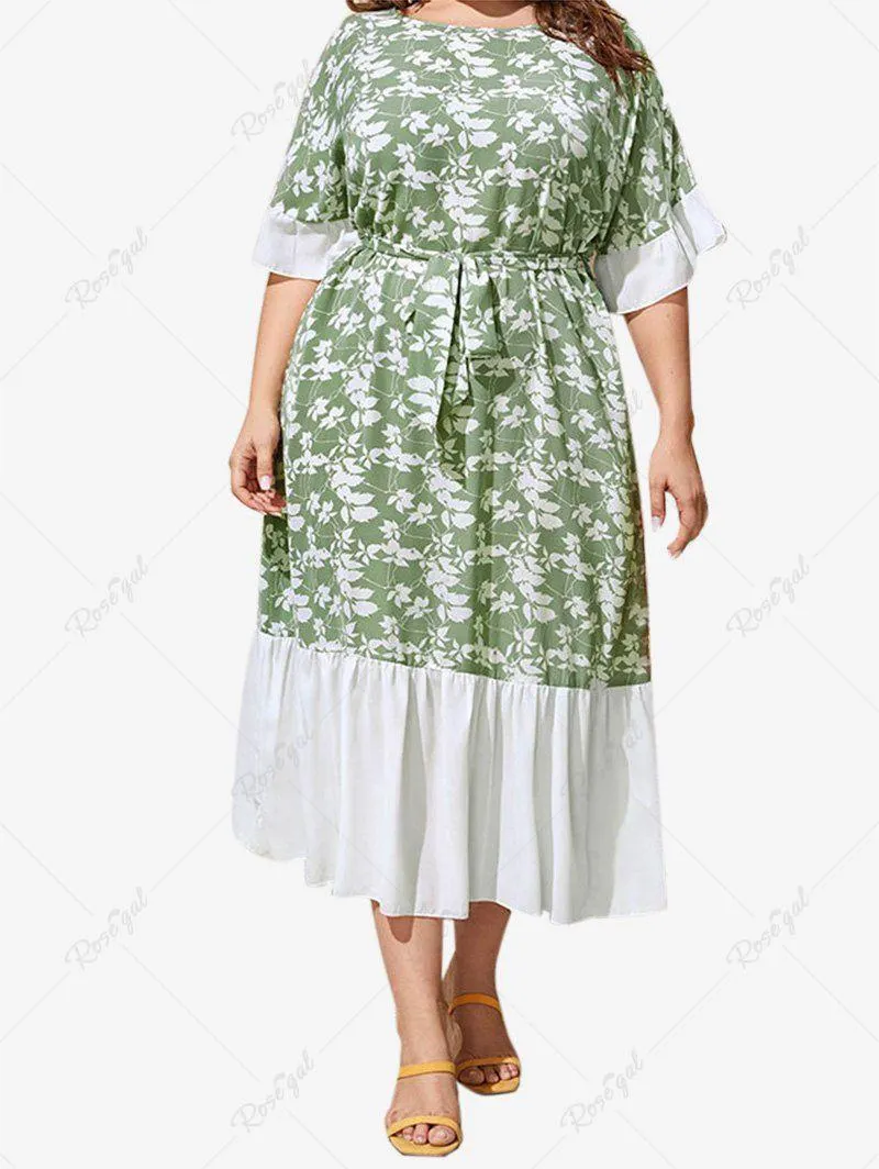 Plus Size Flounce Colorblock Floral A Line Midi Dress with Belt - 3xl