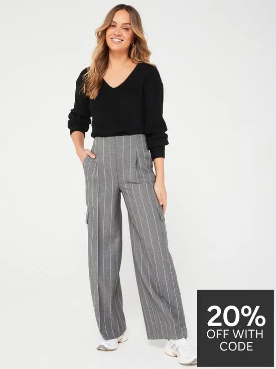 Wide Leg Pinstripe Cargo Trouser - Grey