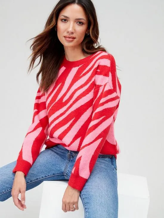 Contrast Zebra Crew Neck Jumper - Red/Pink