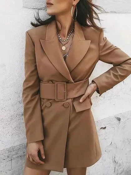 Khaki Lapel Neck Buckle Strap Waist Long Sleeve Coat