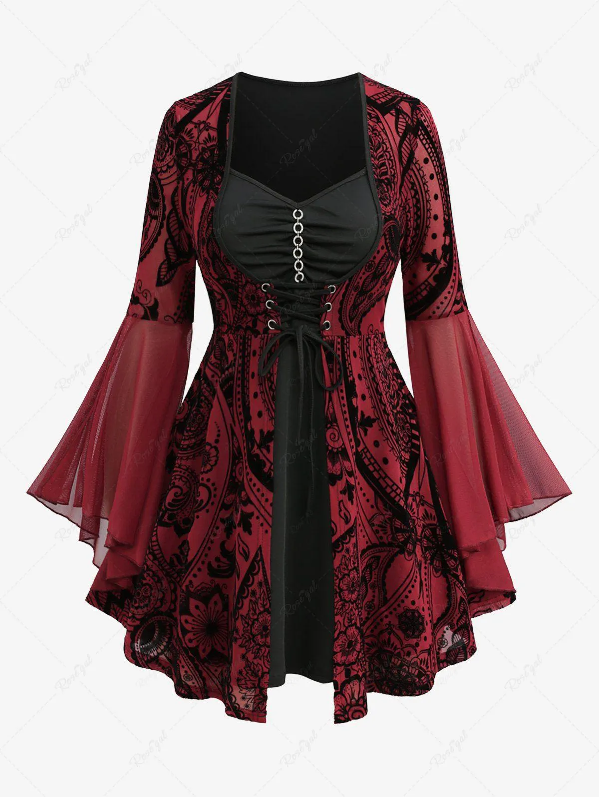 Plus Size Flare Sleeves Ruched Mesh Floral Flocking Lace Up Sparkling O-Ring Chain 2 in 1 Top - 3x | Us 22-24