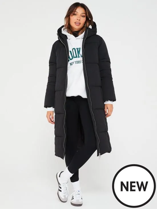 Premium Longline Padded Coat With Hood - Black