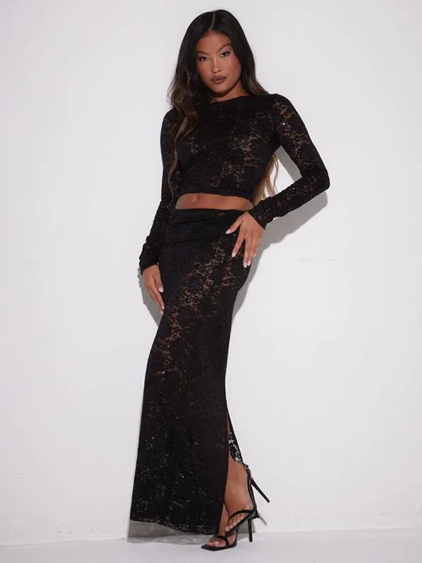 Lace Translucent Dresses Long Sleeves Sexy Culbwear Dress In Black