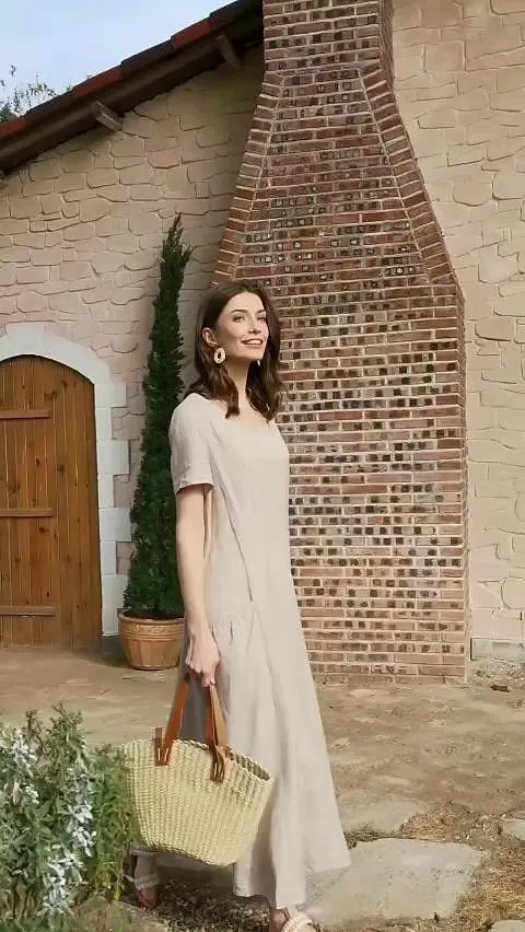 55% Linen Women's Linen Dress Casual Plain Casual Pocket Crew Breathable Light and Comfortable Neck Short Sleeve Maxi Dress Summer Spring