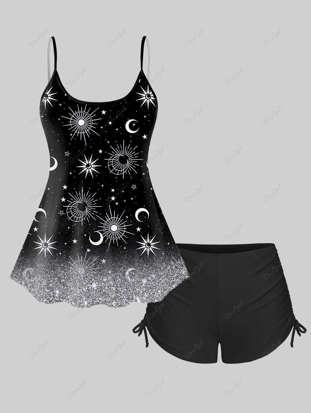 Plus Size Sun Moon Printed Cinched Ruched Modest Tankini Swimsuit