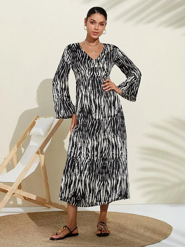 Neva Black & White Spotted Print Bubble Satin V Neck Flared Sleeve Lace up Vacation Midi Dress