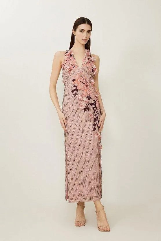 Crystal Embellished Embroidery And Applique Woven Halter Woven Maxi Dress