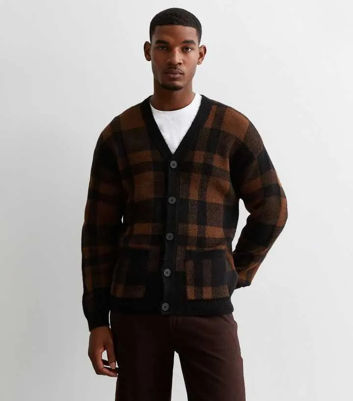 Dark Brown Large Check Knit Oversized Cardigan