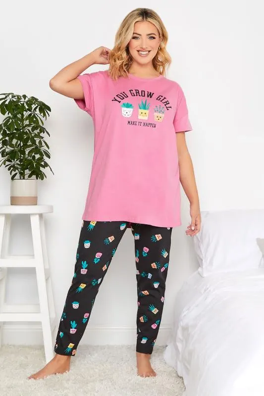 YOURS Curve Pink 'You Grow Girl' Tapered Pyjama Set