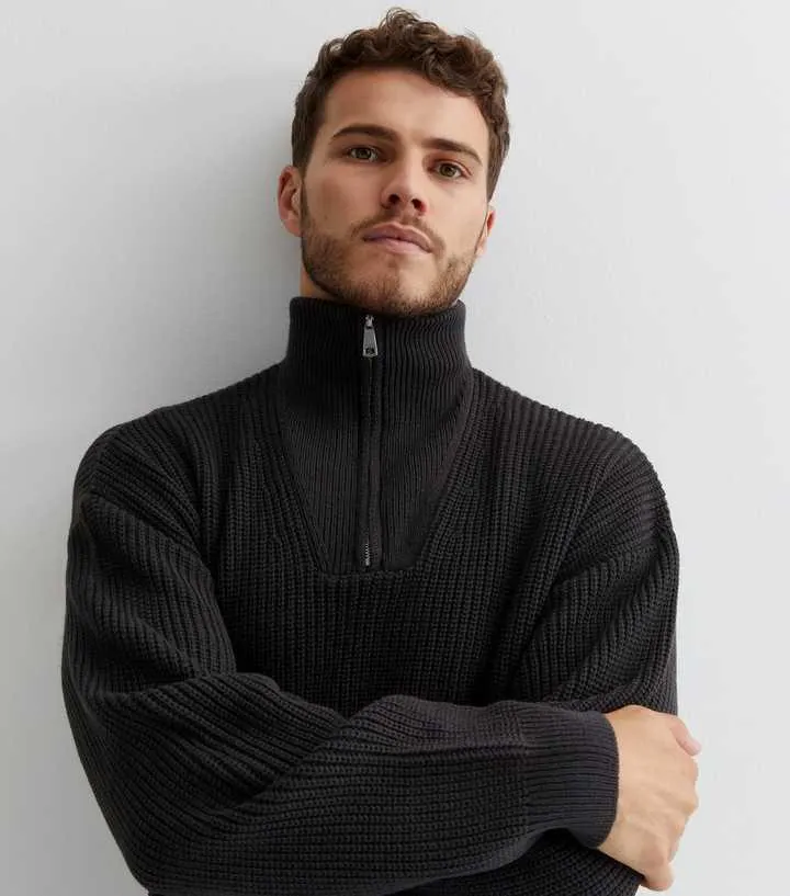 Dark Grey Fisherman Knit Zip Neck Relaxed Fit Jumper
