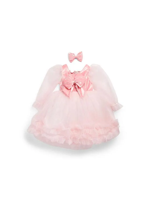 Caramelo Tulle Balloon Sleeve Party Dress with Velour Bow