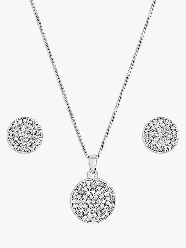 Jon Richard Pave Cubic Zirconia Disc Necklace and Earring Jewellery Set, Silver