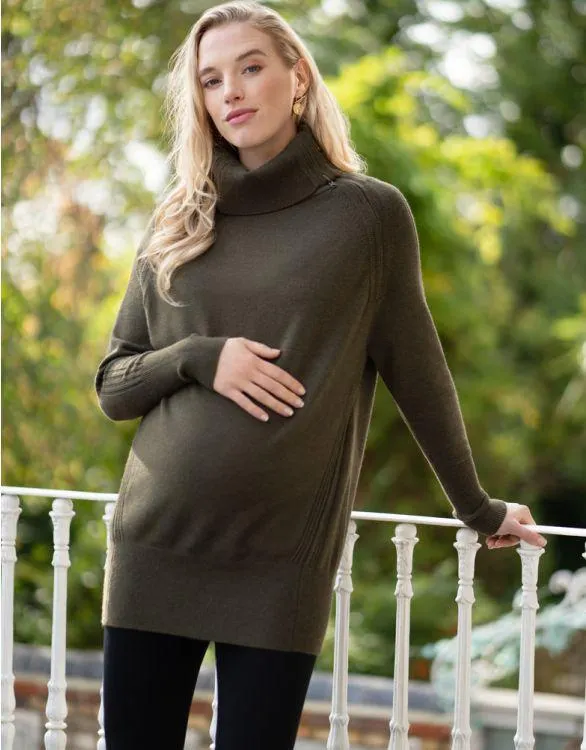 Khaki Roll Neck Maternity & Nursing Jumper