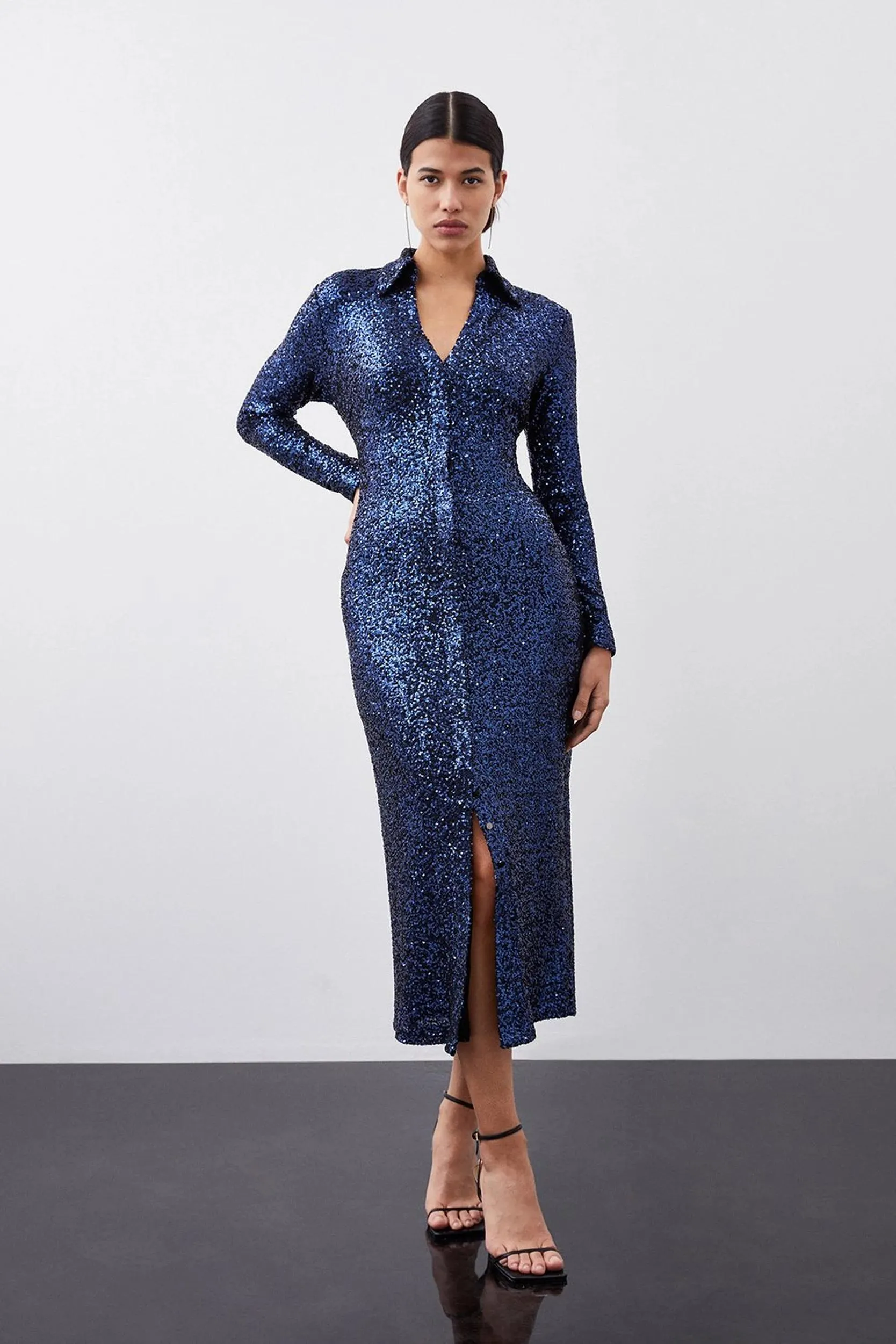 Stretch Sequin Collar Plunge Midaxi Dress