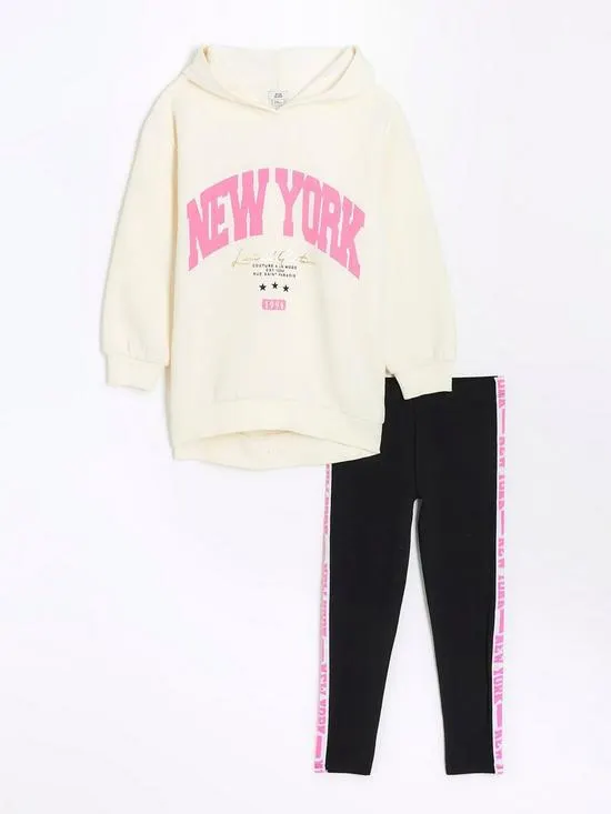 Girls New York Hoodie And Leggings Set - Cream