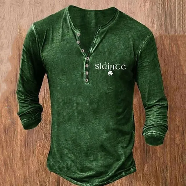St.Patrick's Day Slance Green Mens 3D Shirt For St. Patrick 'S Day | Summer Cotton | Men'S Henley Tee Graphic Patrick'S Clover Clothing Apparel 3D Print Outdoor Casual Long Sleeve Button Down