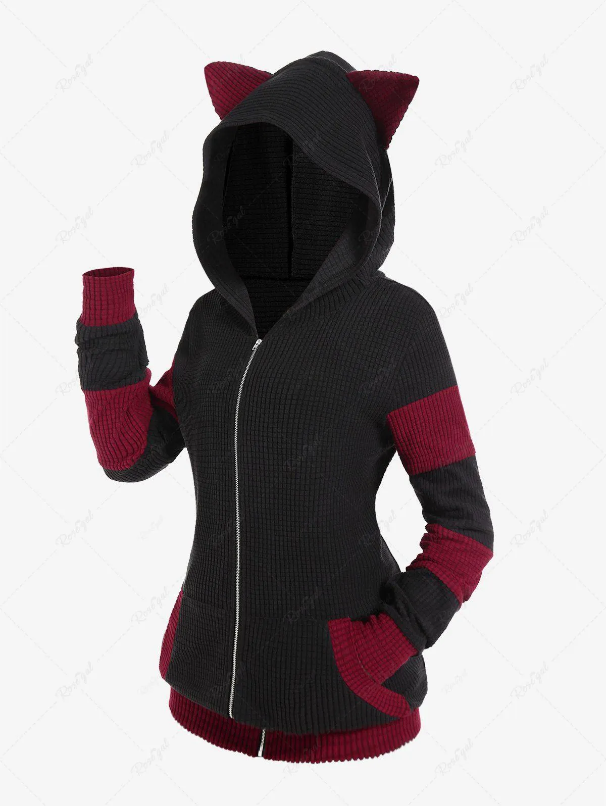Plus Size Cat Ear Ribbed Colorblock Hooded Jacket - 2x | Us 18-20