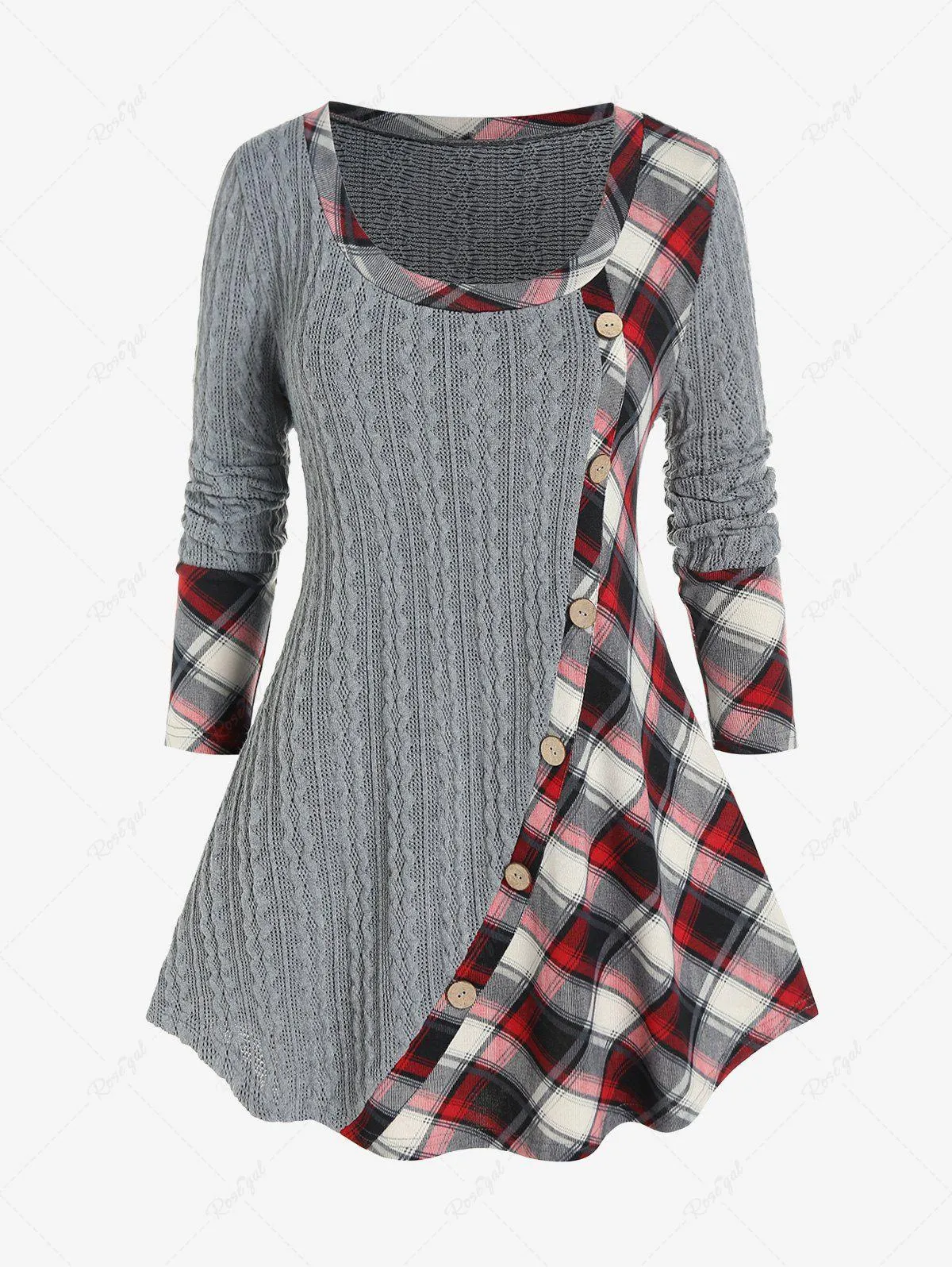 Plus Size Mixed Media Plaid Cable Knit Tee - 2x | Us 18-20