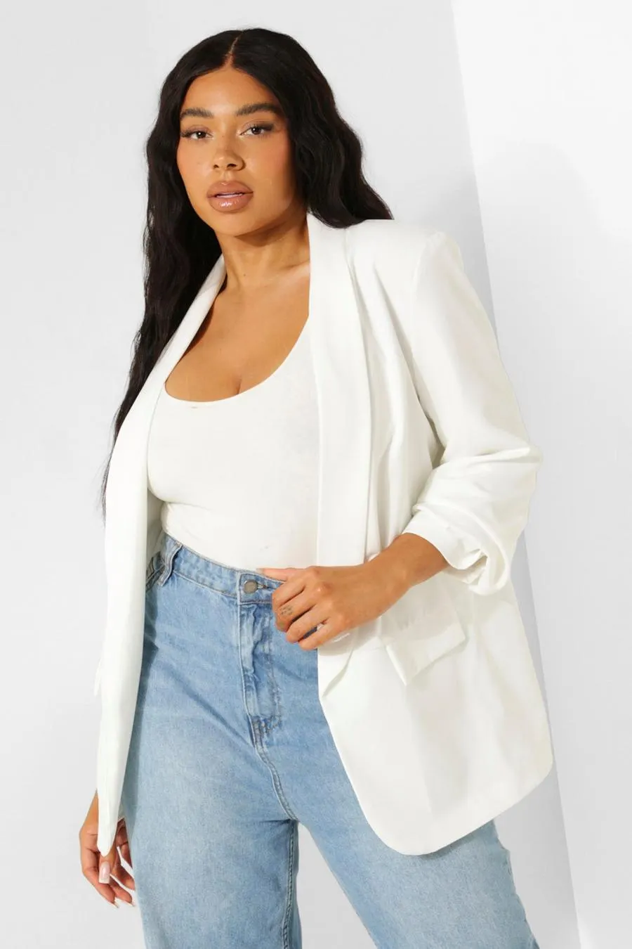 Plus Stretch Woven Ruched Sleeve Blazer