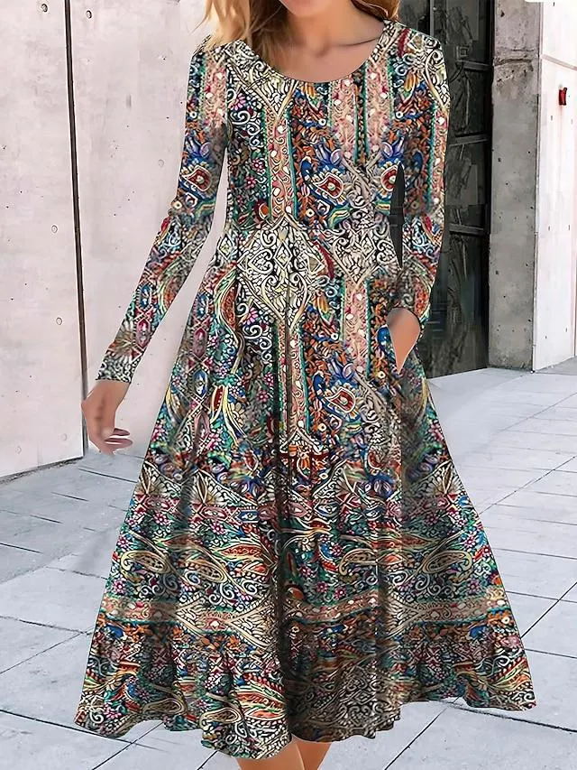 Women's Casual Dress Winter Dress Swing Dress Geometric Color Block Pocket Print Crew Neck Midi Dress Fashion Streetwear Outdoor Daily Long Sleeve Regular Fit Olive Green Black Red Fall Winter S M L