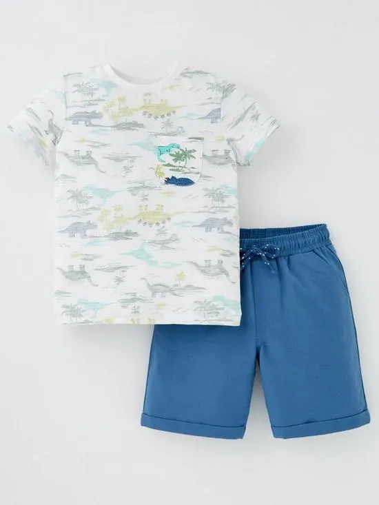 Boys Short Sleeve Dino T-shirt And Woven Short Set - Multi