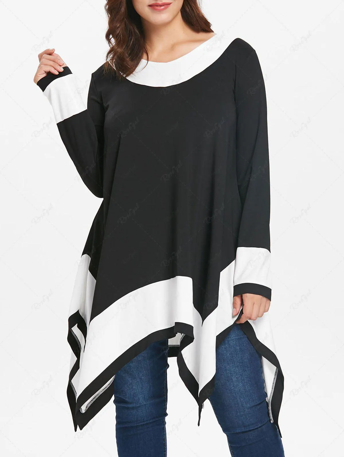 Plus Size Contrast Long Sleeves Handkerchief T-shirt - 2x | Us 18-20