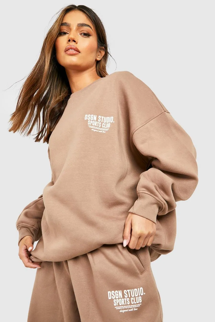 Beige Sports Club Slogan Oversized Sweatshirt