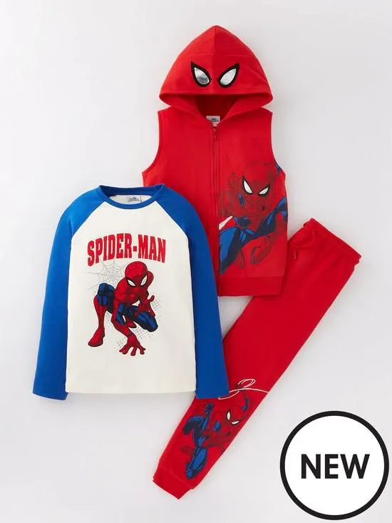 Spider-man 3 Piece Gilet, Top And Jogger Set