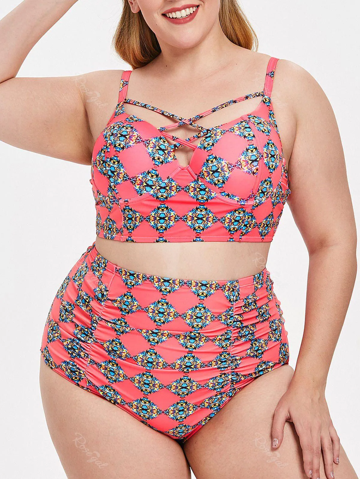 Plus Size 1950s Underwire Criss Cross Printed Bikini Set - 3x