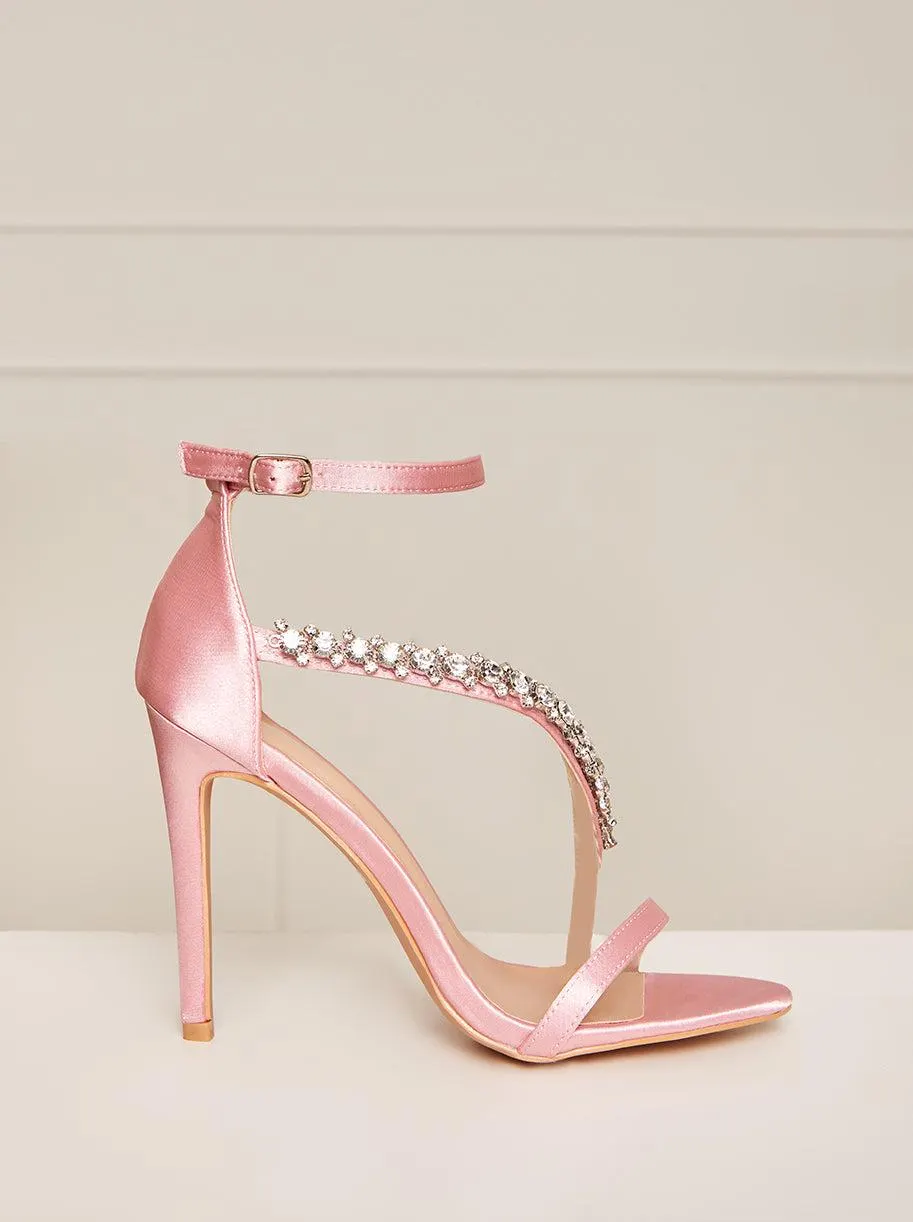 High Heel Diamante Strap Sandals in Pink