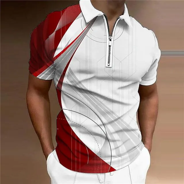 Men's Collar Polo Shirt Golf Shirt Linear Turndown Blue Red Brown Gray 3D Print Casual Daily Short Sleeve Zipper Print Clothing Apparel Fashion Designer Casual Breathable / Sports