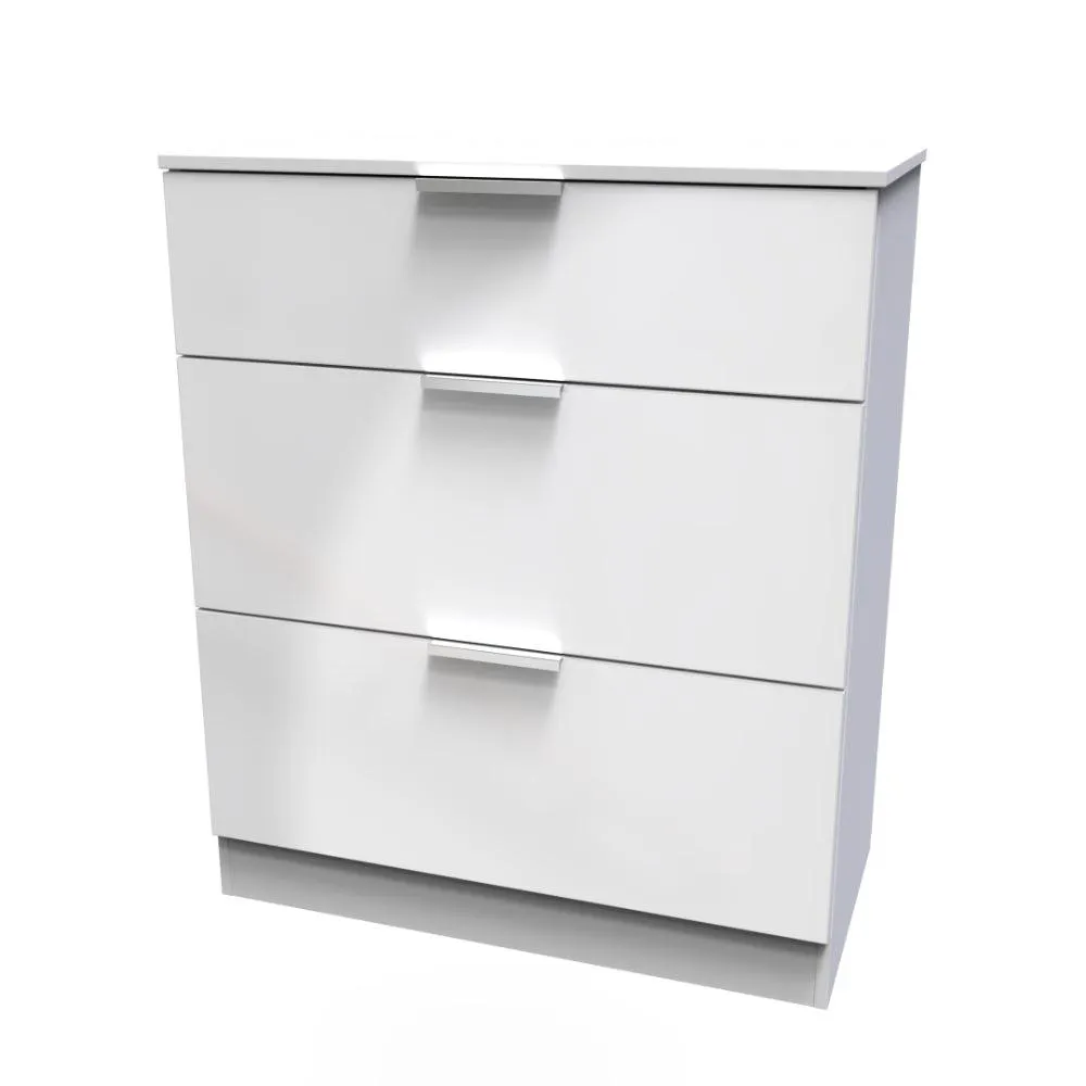 Paris Ready Assembled Deep Chest of Drawers with 3 Drawers - White Gloss & White