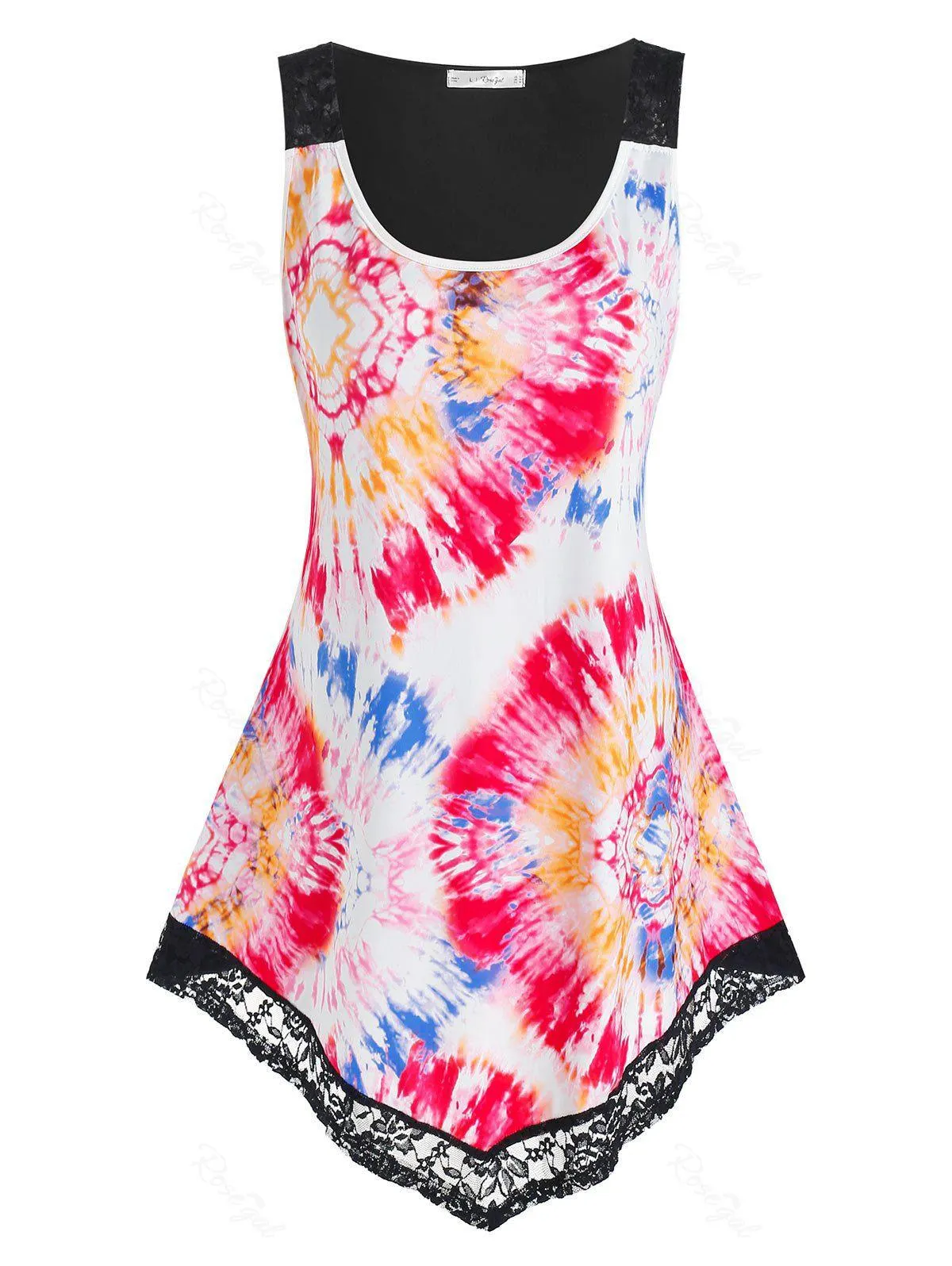Plus Size Tie Dye Lace Insert Irregular Tank Top - L