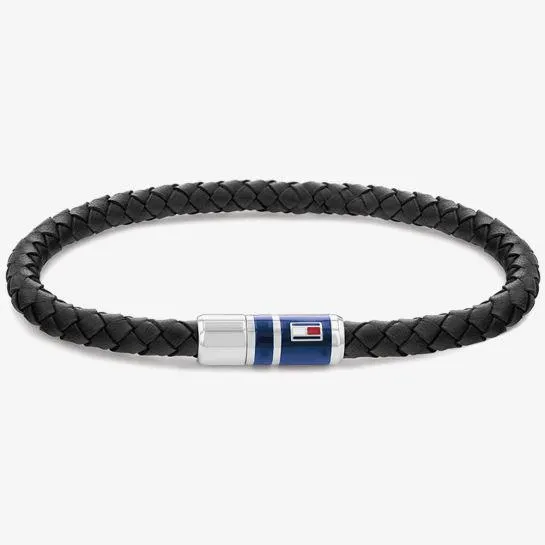 Mens Black Leather Logo Bracelet
