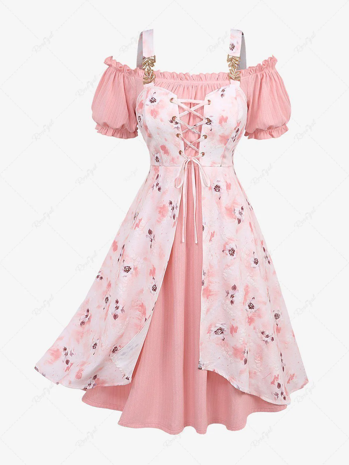 Plus Size Puff Sleeves Off The Shoulder Glitter Leaf Buckle Ombre Tie Dye Floral Jacquard Embossed Textured Lace Up Layered A Line Dress - 1x | Us 14-16