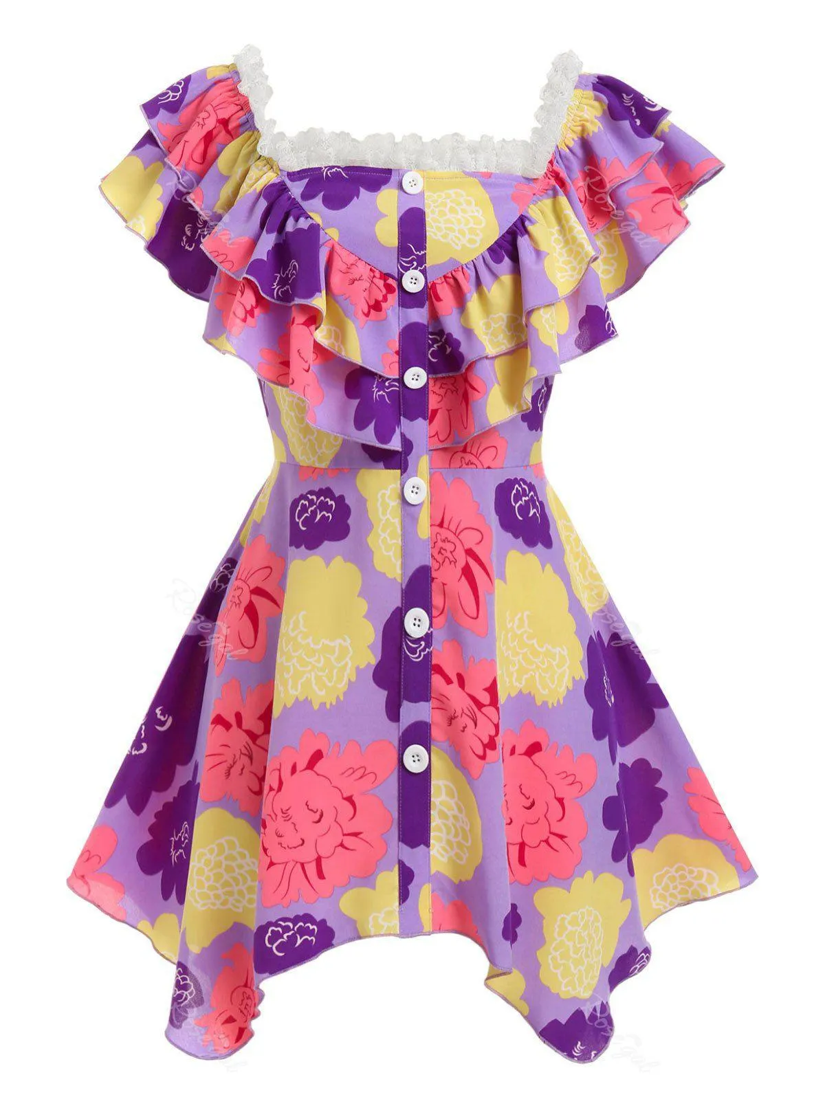 Plus Size Flounce Hanky Hem Flower Lace Panel Blouse - 1x