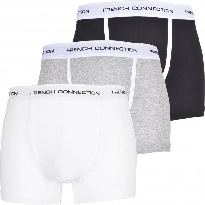 French Connection 3-Pack Contrast Piping Boxer Trunks, Black/Grey/White
