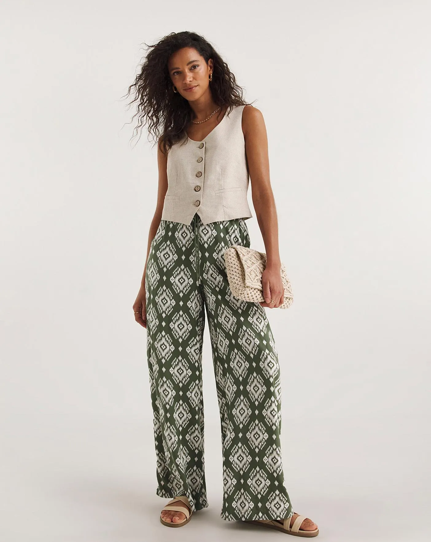 Khaki Print Spun Viscose Pull On Wide Leg Trousers