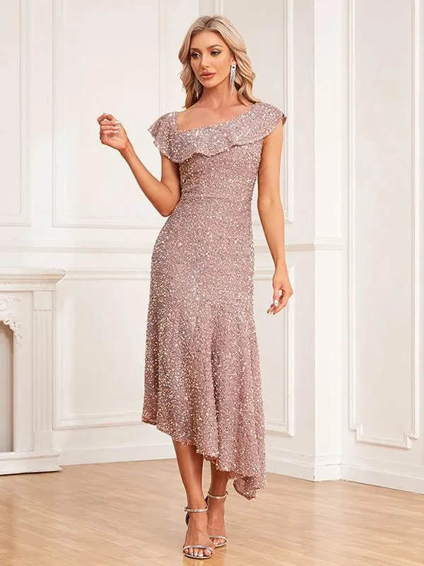 Party Dresses Pink Embellished Collar Ruffles Sleeveless Asymmetrical Semi Formal Dress