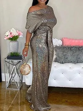 Golden Off Shoulder Tie Waist Jumpsuit