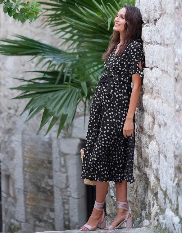Black Midi Wrap Maternity Dress