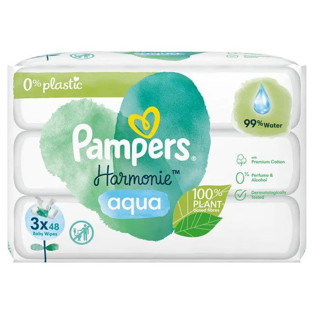 Pampers Harmonie Aqua Plastic Free Wipes 3 Pack 144 per pack