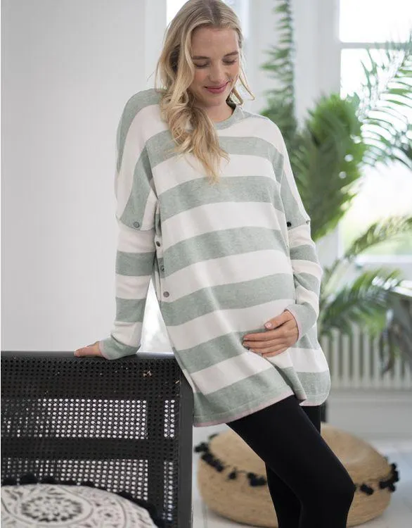 Bold Stripe Boxy Fit Maternity to breastfeeding Top in Green & White