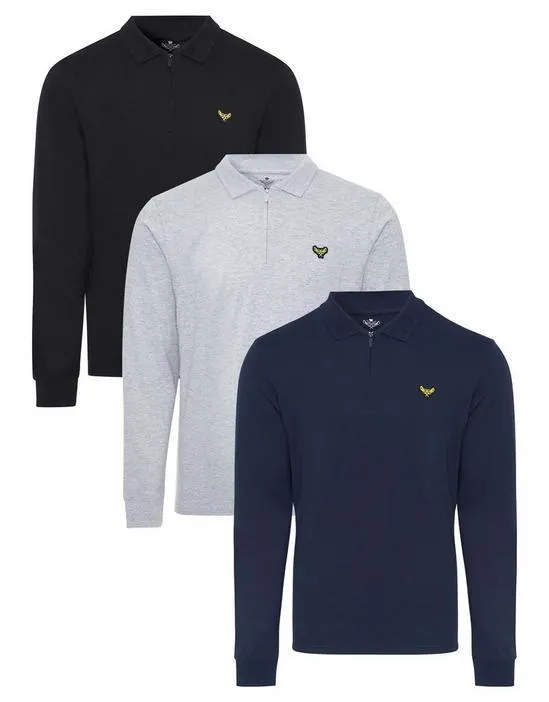 3 Pack Cotton 'Pine' Long Sleeve Polo Shirts