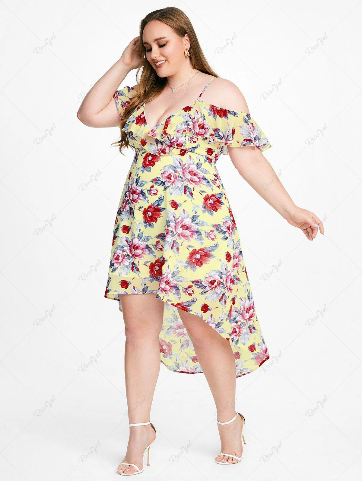 Cold Shoulder Ruffled Floral Print High Low Plus Size & Curve Midi Dress - S | Us 8