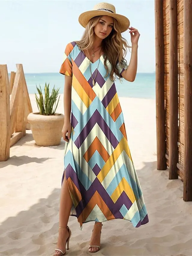 Women's Casual Dress Summer Dress Geometric Color Block Split Print V Neck Long Dress Maxi Dress Streetwear Maxi Street Holiday Short Sleeve Regular Fit Yellow Blue Purple Summer S M L XL XXL
