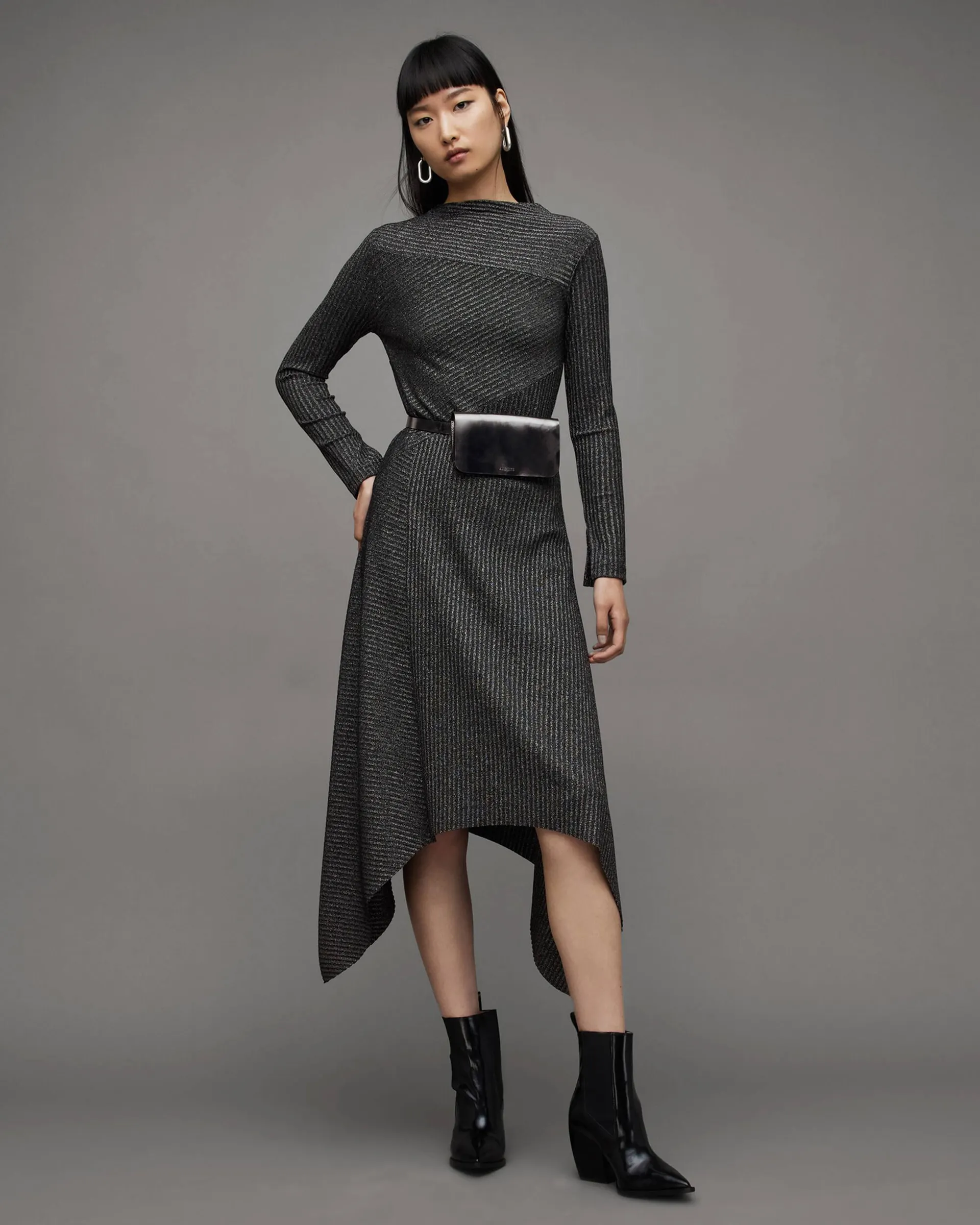 Gia Ribbed Sparkle Asymmetric Midi Dress