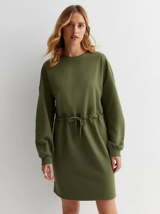 Khaki Jersey Drawstring Sweatshirt Mini Dress